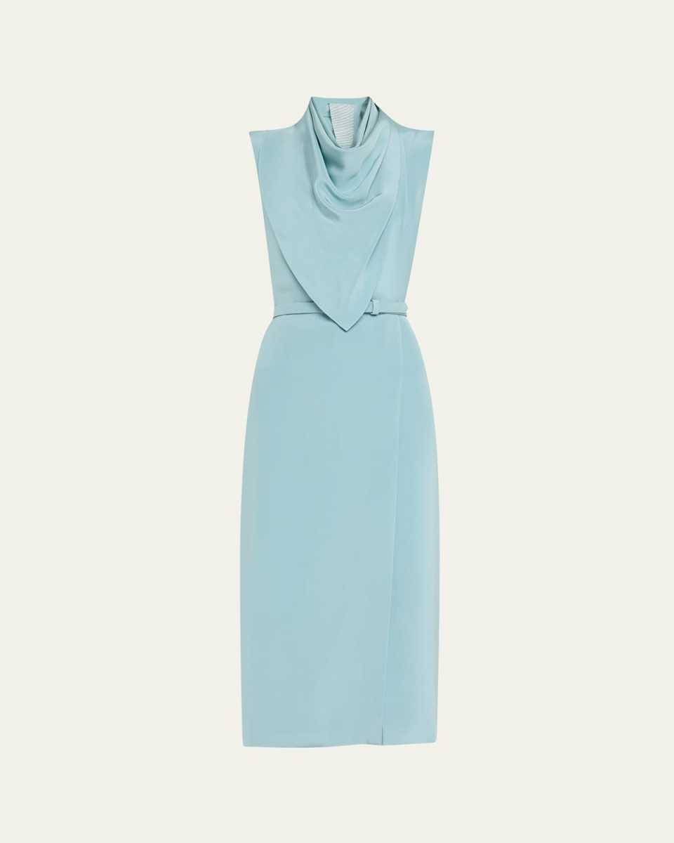 Scarf Drape Silk Crepe Midi Dress With Belt